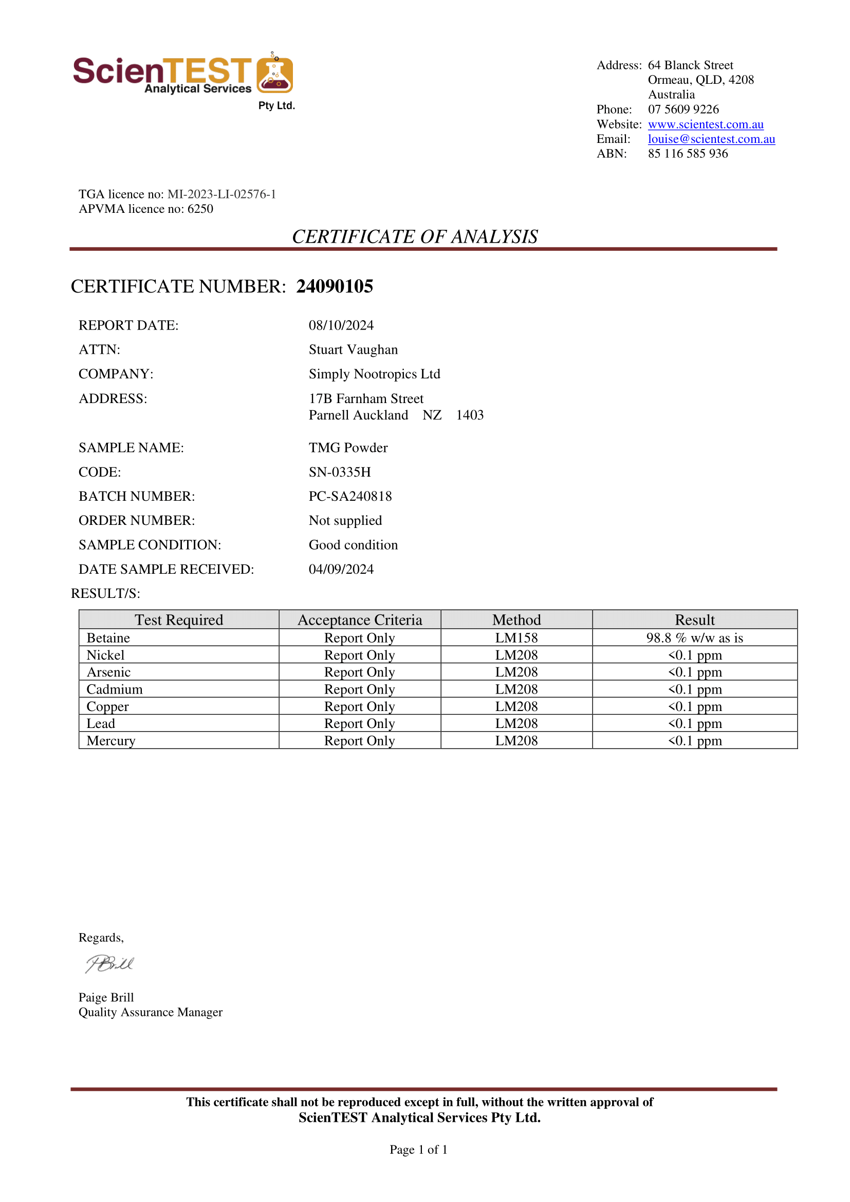 Certificate of Analysis confirming NMN purity and absence of contaminants.
