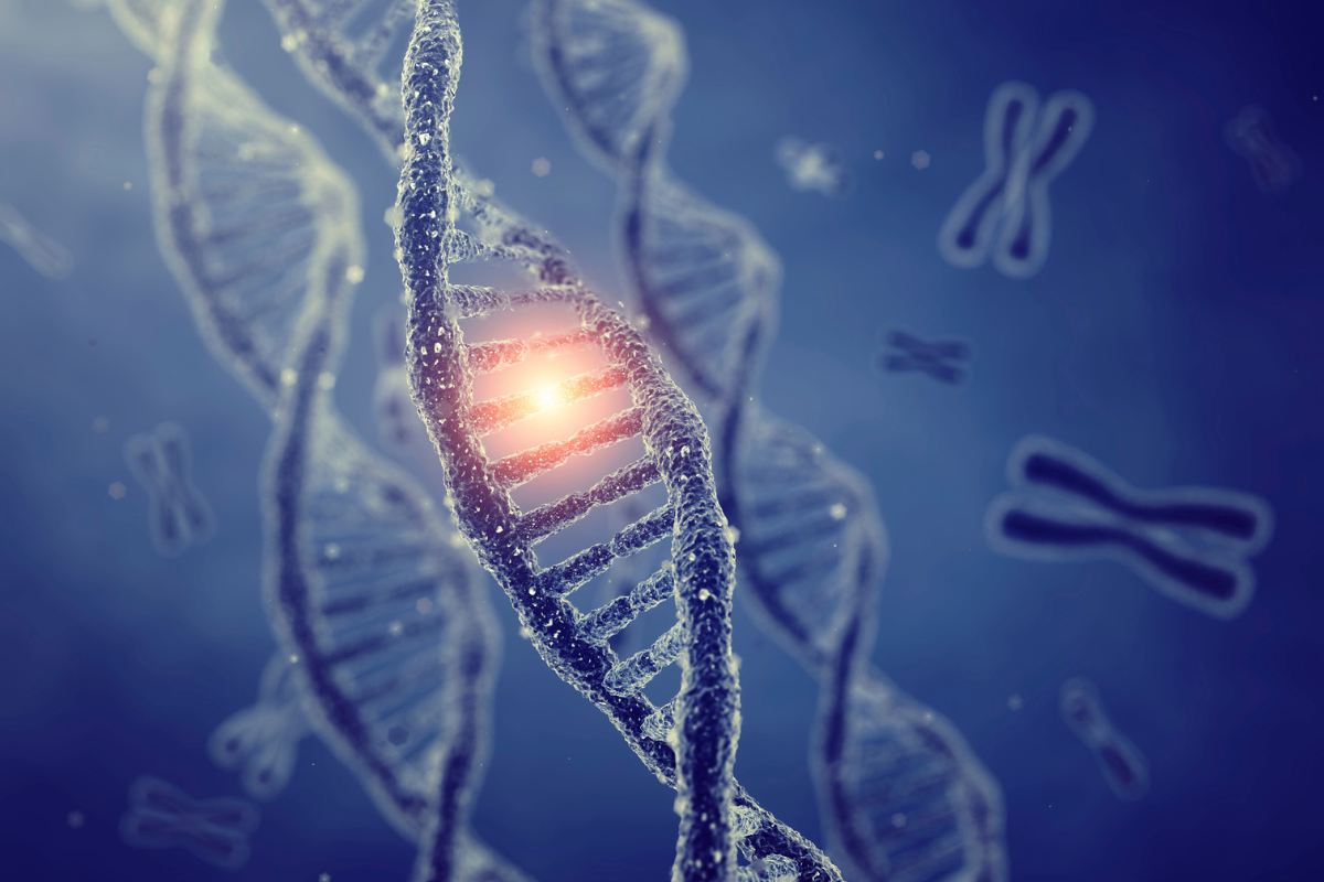 DNA strand with a red light in the middle to indicate a mutation.