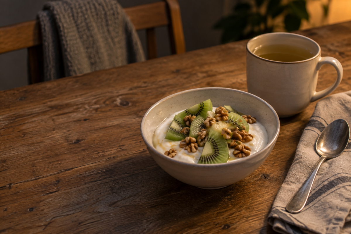 Yoghurt with kiwi and walnuts beside herbal tea in soft evening light.