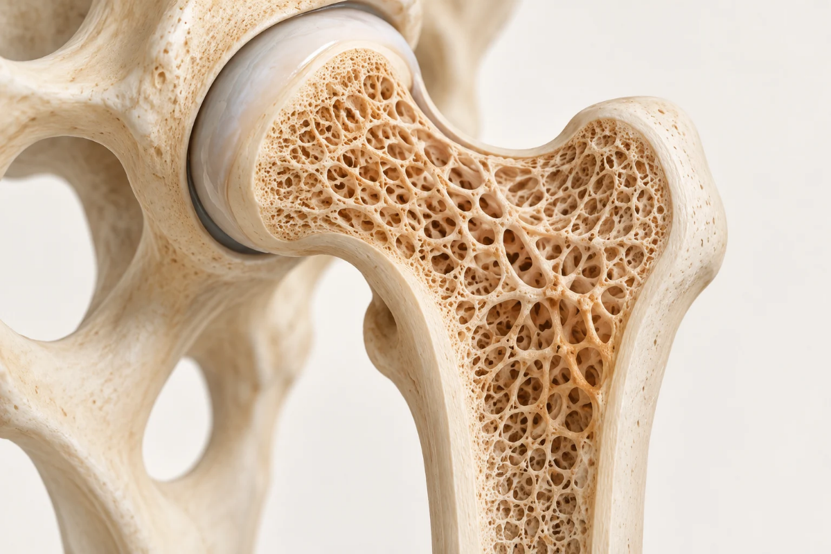 Medical illustration of hip bone structure and internal bone density.