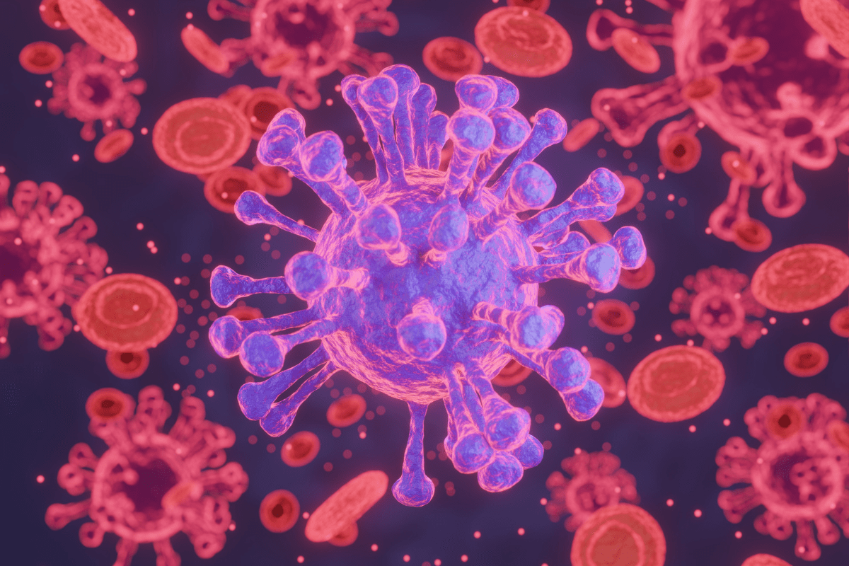 A 3D-rendered close-up of a virus particle with pink and purple spikes, surrounded by red blood cells, highlighting the structure of the virus.