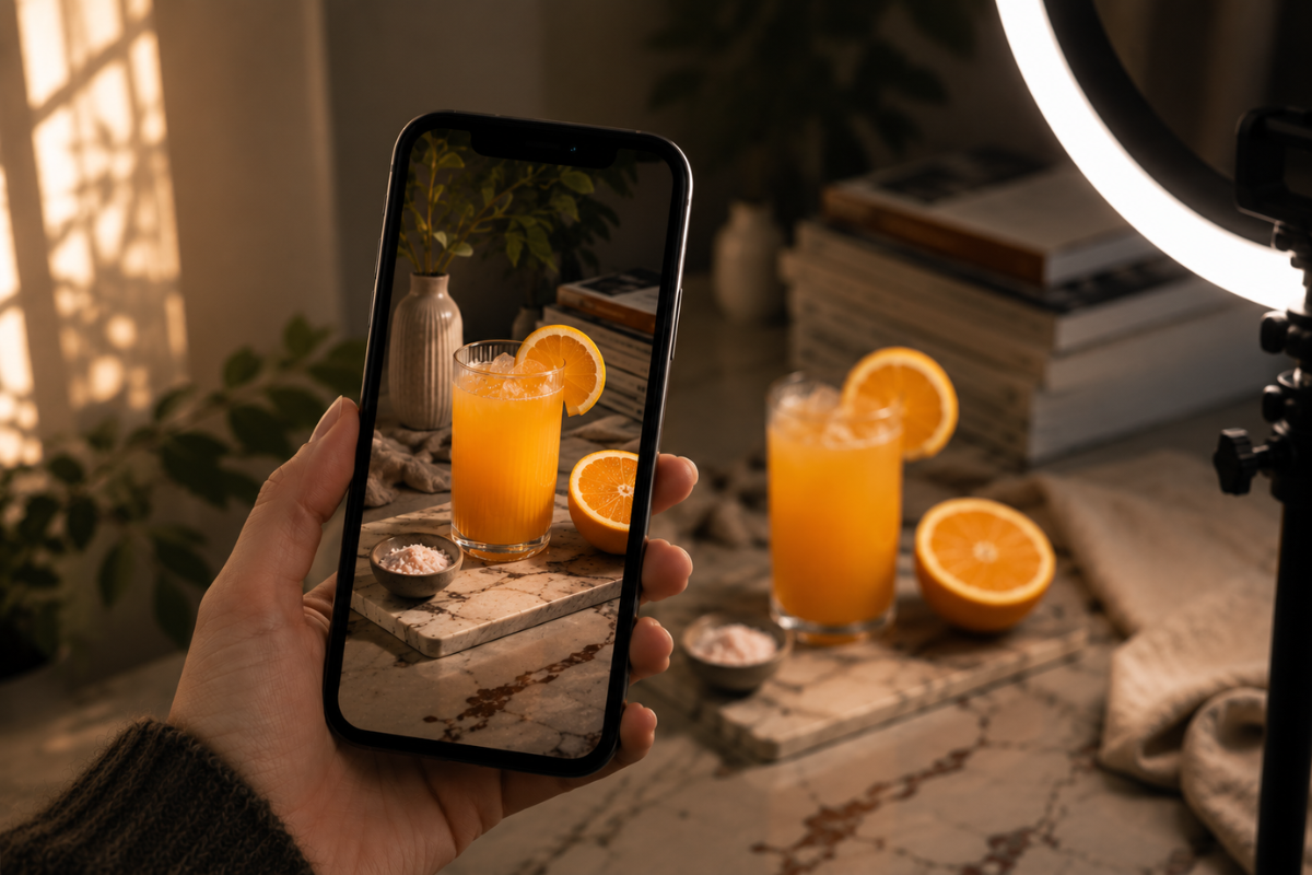 Hand holding a smartphone filming an orange drink with a ring light in the background.