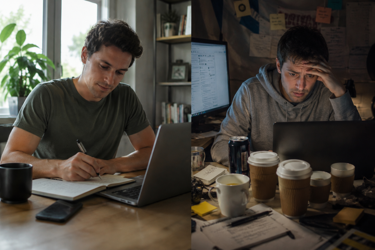 Side-by-side comparison of calm focus versus caffeine-fueled overstimulation.