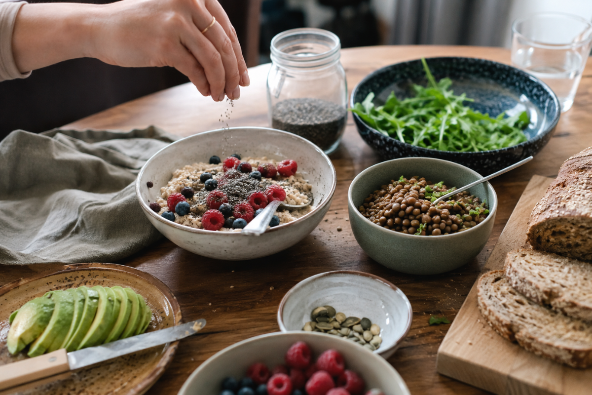 High-fibre foods arranged on a kitchen table.