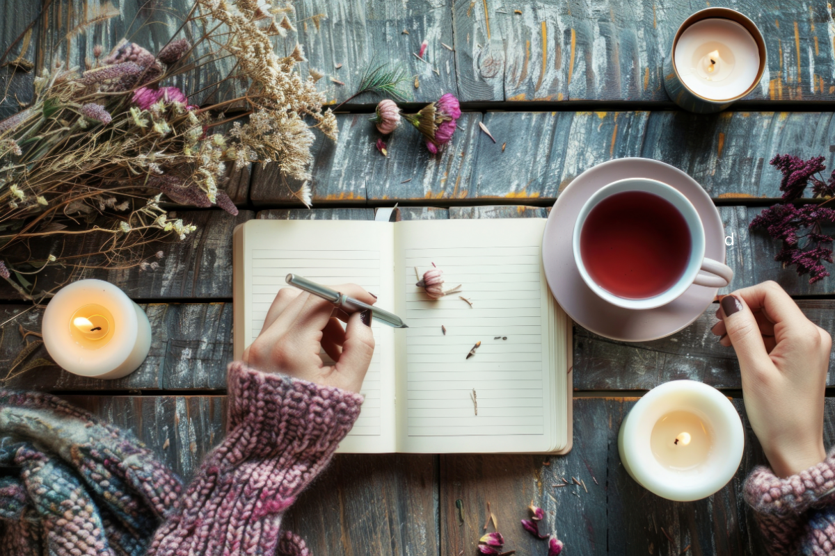 Person journalling with tea and candles on a rustic wooden table.