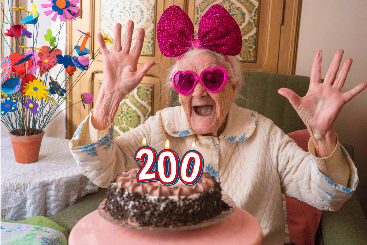 An elderly woman celebrating her 200th birthday with a big smile.