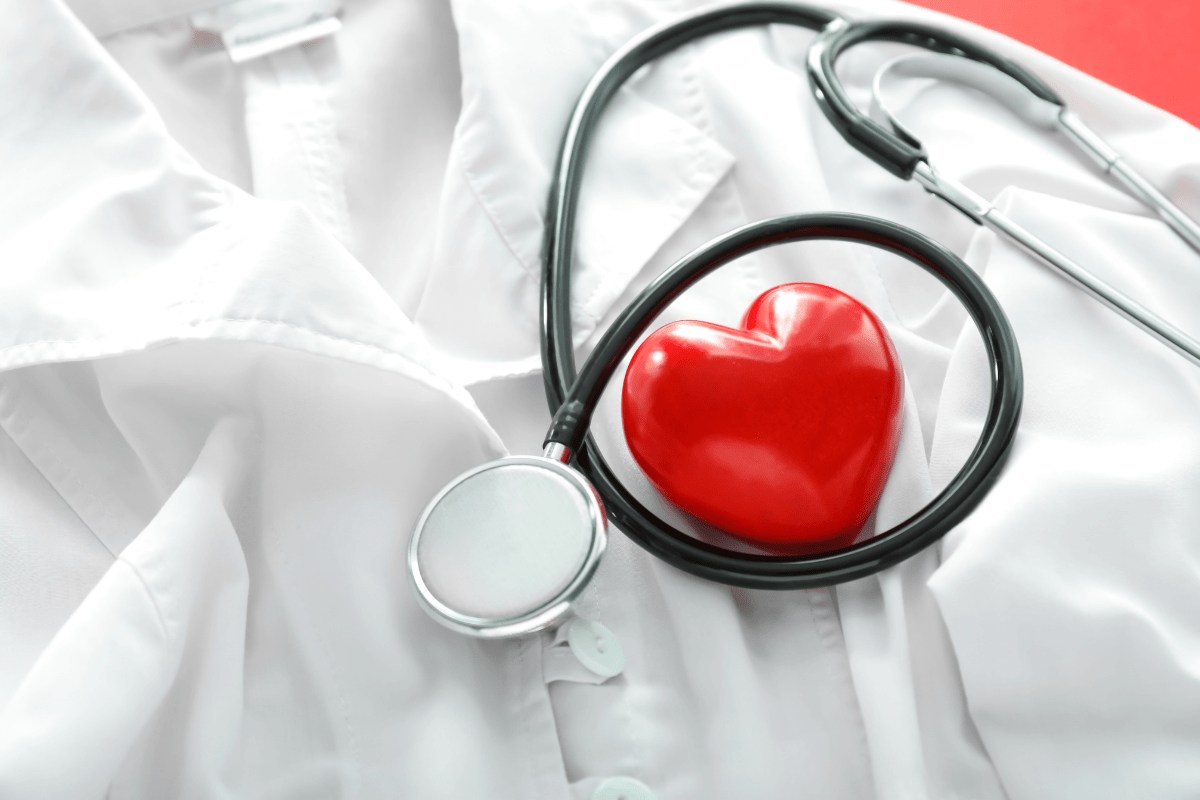 Red heart model and stethoscope on a white medical coat.