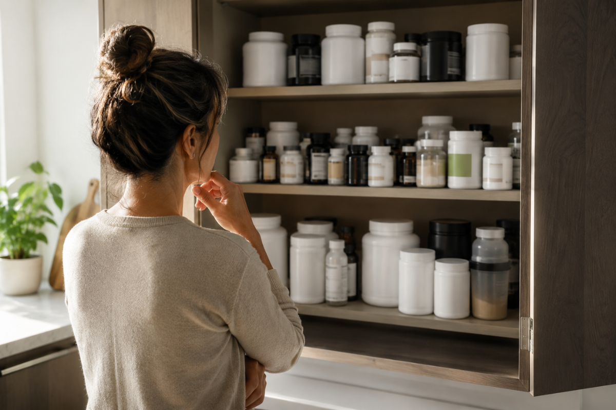 Woman looking at a cupboard filled with supplements.
