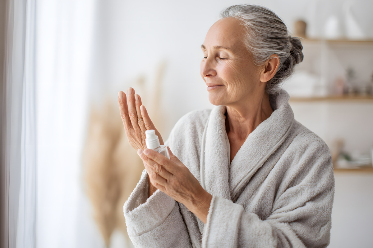 Woman in a robe applying skincare at home.
