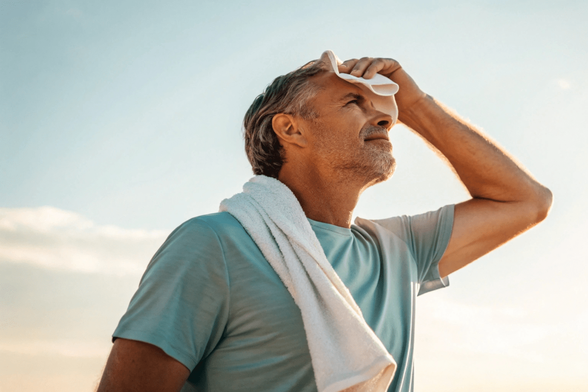 Middle-aged man wiping sweat from his forehead in the sun.