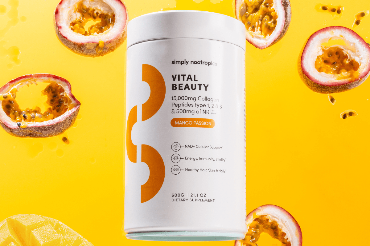 Simply Nootropics Vital Beauty collagen supplement in Mango Passion flavour.